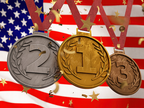 2024 Summer Games Sports Competition Medals over American Flag. 3D Render