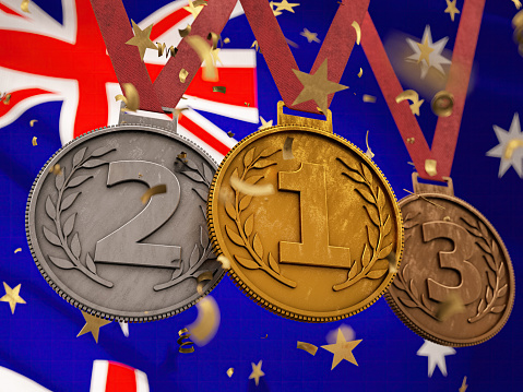 2024 Summer Games Sports Competition Medals over Australian Flag. 3D Render