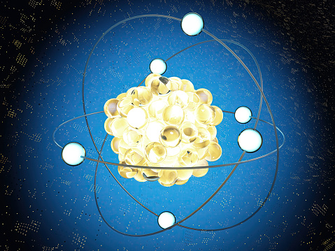 Close-Up Glowing Atom Nucleus with Electrons. 3D Render