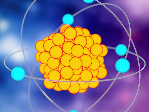 Close-Up Glowing Atom Nucleus with Electrons. 3D Render