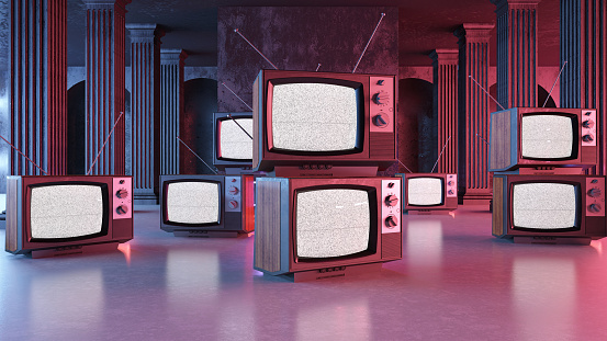 Old TVs with Static Screens in a Dark Room. 3D Render