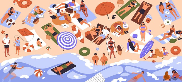 Tiny people rest on beach top view. Summer vacation on coast panorama. Crowd sunbathing on seashore, swimming in sea, lying on inflatable mattress. Kids building sand castle. Flat vector illustration.