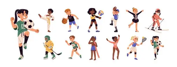 Vector illustration of Children sports games, exercises set. Kids are soccer, football players. Active child running, swimming, skiing. Boy plays baseball. Girl goes tennis. Flat isolated vector illustration on white