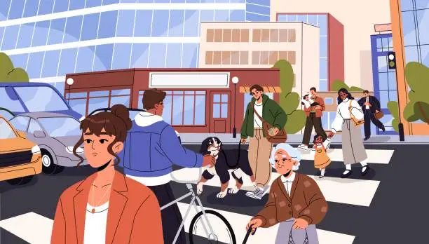 Vector illustration of People walking on crosswalk. Pedestrians cross city road. Cars stop on traffic light. Girl, old woman, busy man go across street. Owner leads dog on zebra. Cityscape panorama.Flat vector illustration