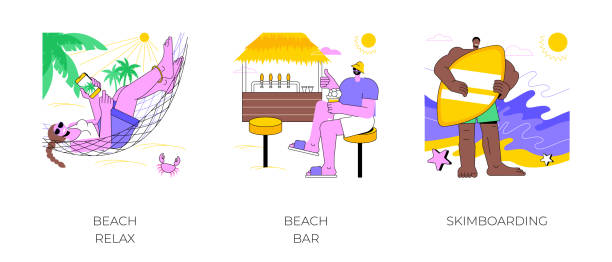 illustrazioni stock, clip art, cartoni animati e icone di tendenza di attività in spiaggia illustrazioni vettoriali di cartoni animati isolati. - bar women silhouette child