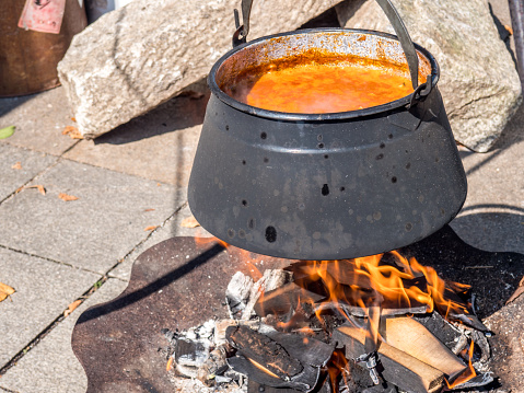 Pot of kettle goulash while camping