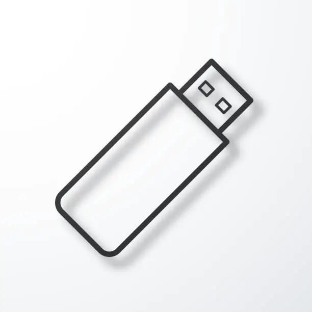 Vector illustration of USB flash drive. Line icon with shadow on white background