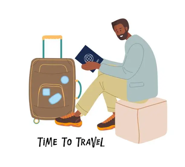 Vector illustration of Young man with suitcases siting waiting for departure. Man Traveling with passport. Tourist casual clothes. Colored flat vector illustration on white background. Vacation or business trip concept.