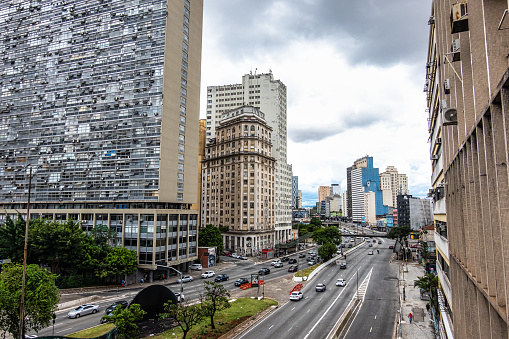 Sao Paulo, Brazil - Dec 04, 2023: Colonial Portuguese buildings and skyscrapers in the historic city center of Sao Paulo in Brazil