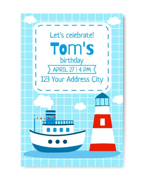 Vector illustration of Invitation in flat style. Lighthouse and steamship. Template for postcard, poster, banner.