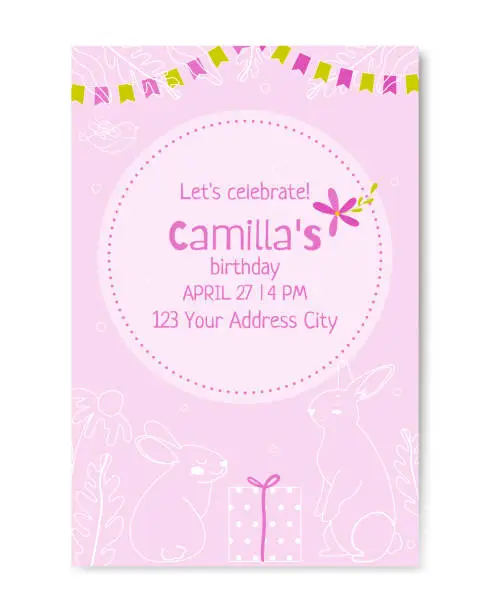 Vector illustration of Birthday invitation card, baby shower with cute bunnies. Vector illustration.