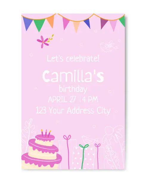 Vector illustration of Invitation to a children's party, with cake and gifts. Vector illustration
