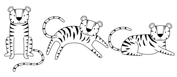 Vector illustration of Cute tiger line sketch set. Outline vector illustration.