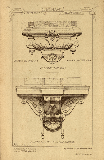 Vintage illustration Architectural Cul-de-lampe, History of architecture, decoration and design, art, French, Victorian, 19th Century. in architecture, a weight bearing piece jutting from a wall; also Corbel