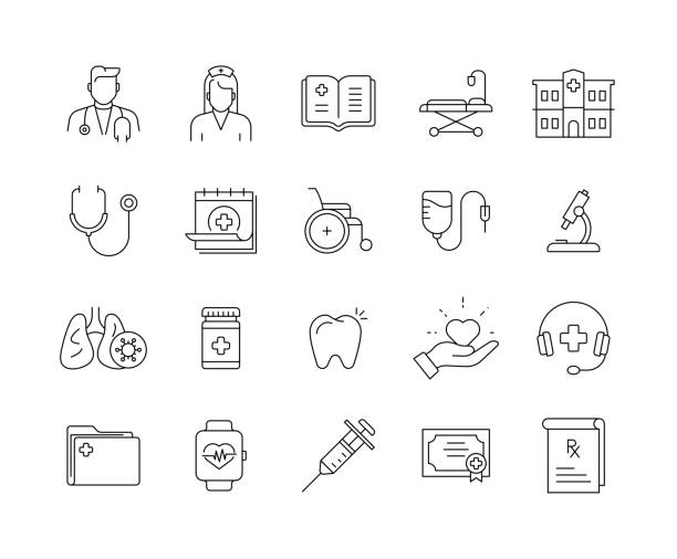 illustrazioni stock, clip art, cartoni animati e icone di tendenza di set di icone della linea medica con tratto modificabile - silhouette interface icons wheelchair icon set