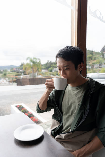 Japanese Man Enjoying Morning Coffee