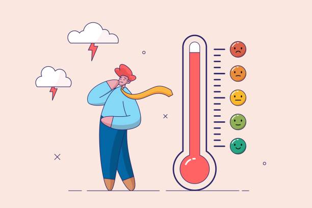 istock Concept of emotional overload, stress level, burnout, increased productivity, tiring, boring, positive, frustration employee in job. Man near thermometer emotional scale difference icon. Flat vector. 1921984142