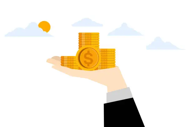 Vector illustration of money holding gesture concept, Hand Holding Money business character, receiving coins and banknotes, income income and finance. flat vector illustration on white background.
