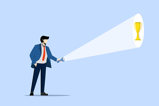Concept of help and guidance to discover potential and achieve achievements, businessman using flashlight to search for trophies of success. employees find career success. flat vector illustration.