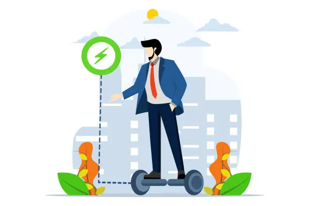 Vector illustration of Electric Transportation Concept. Young Male Character Riding an Electric Scooter or Bicycle in a City Park. Active and healthy lifestyle. environmentally friendly transportation. Vector Illustration.