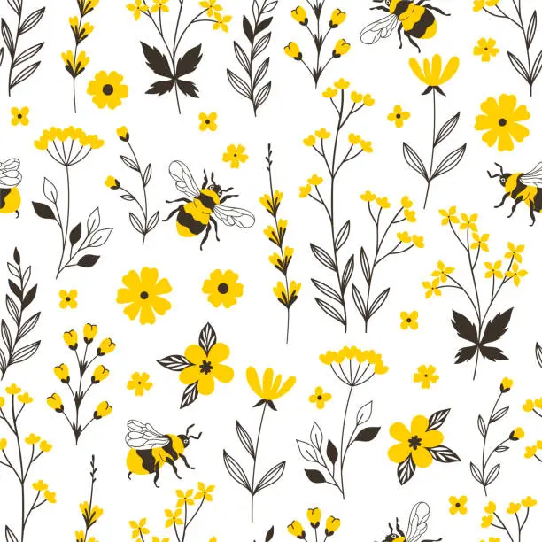 Vector illustration of Seamless pattern with yellow flowers and bees. Vector graphics.