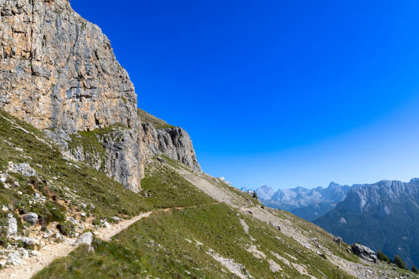 Hiking path around Rotwand mountain in the Catinaccio group, Rosengarten, dolomites, South Tyrol, Italy