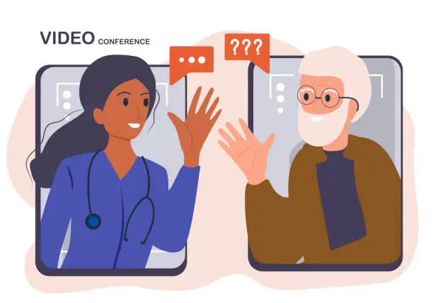 Vector illustration of Elderly man consults with doctor via video call.