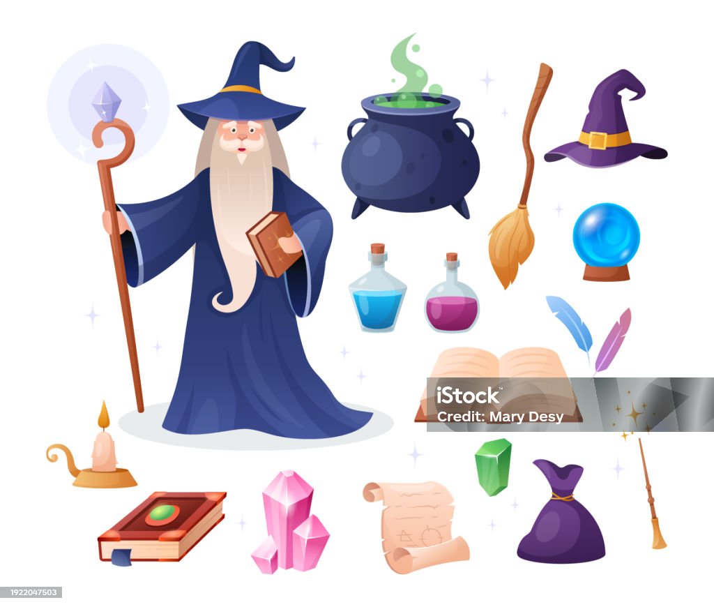 Wizard Using Tools Vector Wizard Set Of Magician Tools Stock Illustration - Download Image ...