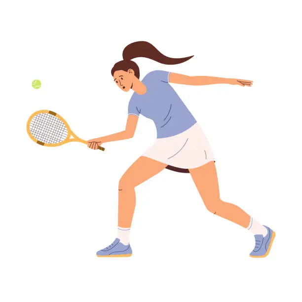 Vector illustration of Tennis player woman with racket hits the ball. Flat vector illustration isolated on white background