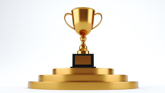 3D render of golden trophy on top of gold pedestal, concept of success