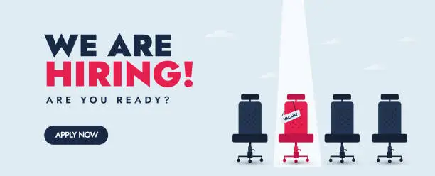 Vector illustration of We are hiring. We're hiring Announcement Cover Banner Featuring Vacant Office Chairs. Join Our Growing Team Today. Dynamic Hiring Announcement Cover Banner Featuring Vacant Office Chairs with highlighting Vacant board on a chair. Attention-Grabbing