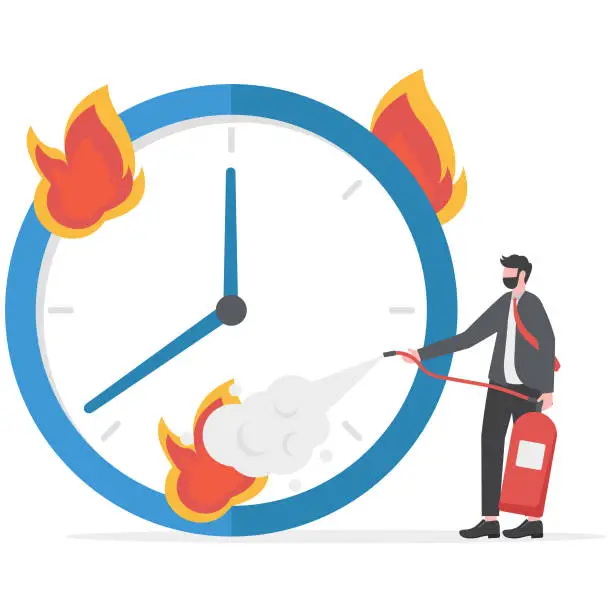 Vector illustration of Unhappy employees near burning stopwatch, deadline concept. Alarm clock in fire. Be in time. Stress from being overwhelmed, heavy work schedules. Manager with burnout, psychological pressure. vector