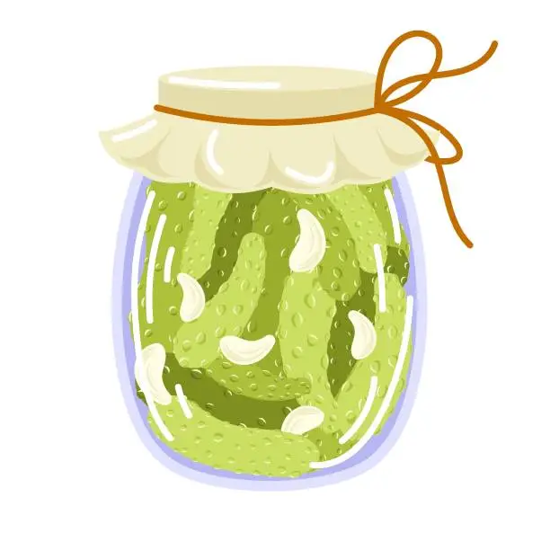 Vector illustration of Homemade pickled cucumber with garlic in jar in flat style. Marinated food for menu, food store. Fermented veggies, crunch gherkin with salt. Vector illustration isolated on a white background.