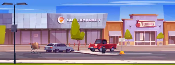 Vector illustration of Grocery supermarket building with parking vector