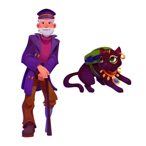 Vector illustration of Old sailor captain one leg character, cat vector
