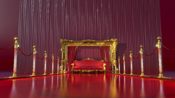 tapete vermelho com barreiras de ouro que levam à poltrona real dourada com moldura dourada, - carpet red nobility rope - fotografias e filmes do acervo