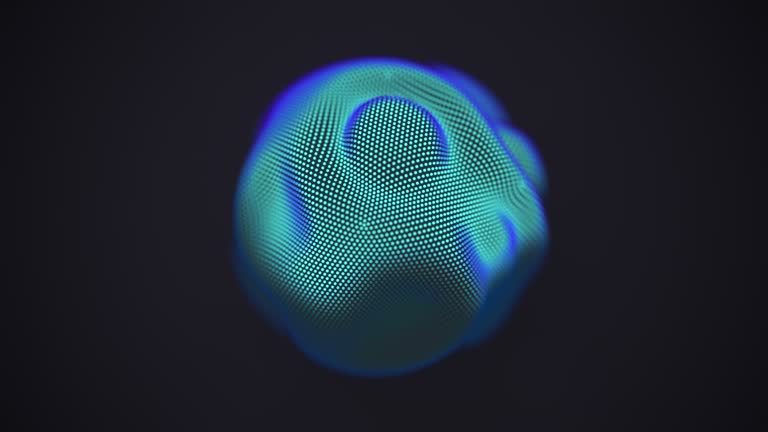 3D blue sphere made of flowing digital particles on black background. Abstract concept of artificial intelligence, neural network or big data analysis.