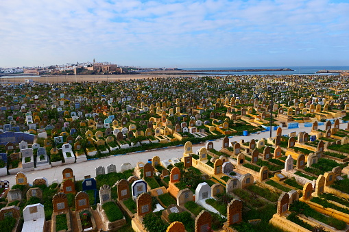 Salé Muslim cemetery with the Oudaïa casbah in the background in Rabat, Morocco