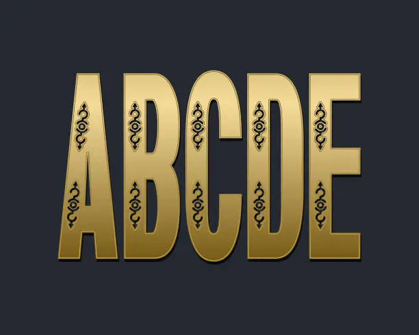Vector illustration of A, B, C, D, E vintage capital letters with decor. Golden decorative font.