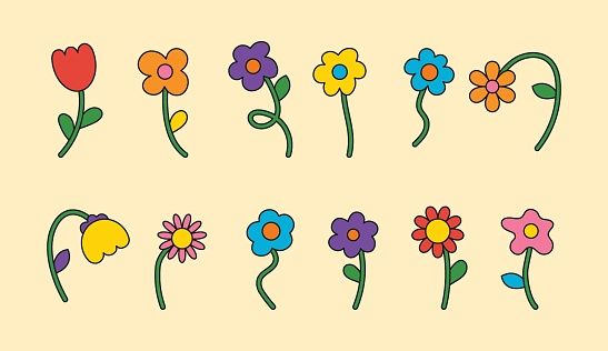 Multicolored flowers collection in retro groovy style. 70s, 80s, 90s vibe. Trendy hand drawn flowers. Vector illustration, editable stroke. Botanical floral element set.