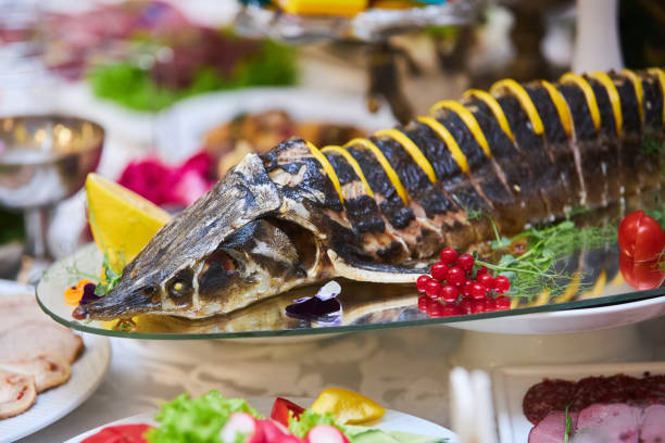 Festive fish dish sturgeon stuffed with oranges.