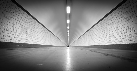 Underpass, Escalator, Reflected Light, Black and White