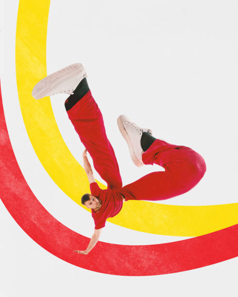 kolaż sztuki współczesnej. fajne nastawienie młody sportowiec, breakdancer stoi na jednej ręce i unosi długie nogi. mistrzostwa 2024. - dancing dancer hip hop jumping zdjęcia i obrazy z banku zdjęć