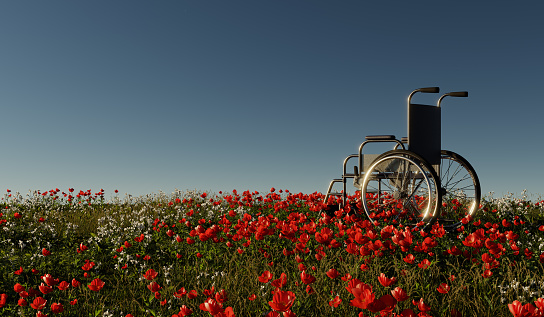 empty wheelchair on the meadow under a blue sunny sky. miracle concept. healed person raised and went away - 3D Illustration