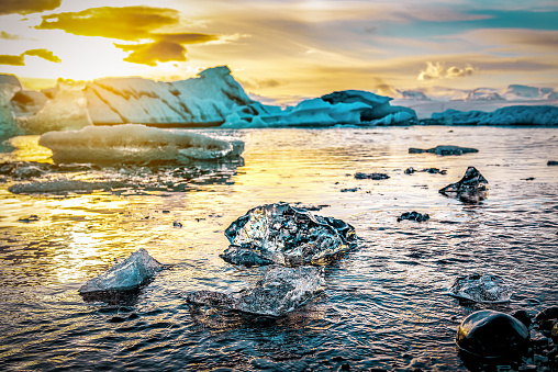 Incredible landscape with icebergs in Jokulsarlon glacial lagoon. Vatnajokull National Park, southeast Iceland, Europe. Travel theme