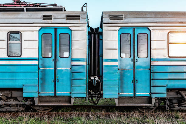 istock Double closed automatic doors of blue suburban train 1922192507
