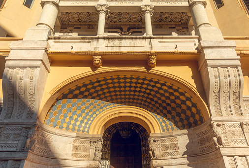 December 17, 2023: Detail of the house's entrance in the Coppedè district of Rome, Italy