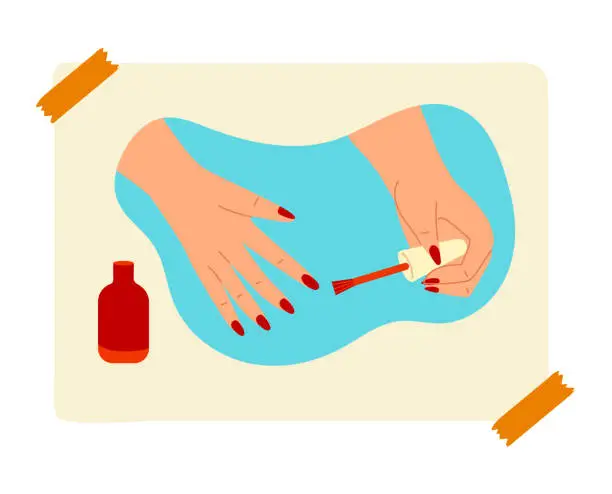 Vector illustration of Close-up illustration of a hand applying red nail polish. Beauty routine with manicure process. Self-care and cosmetics vector illustration