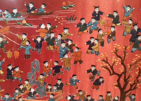 Part of ancient Chinese painting with many children playing