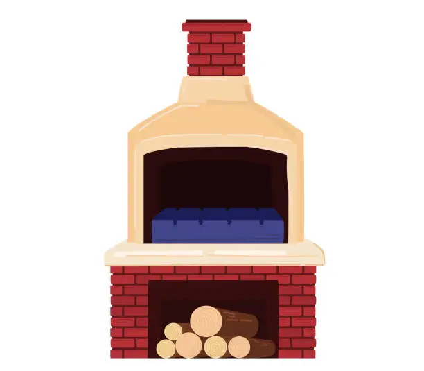 Vector illustration of Traditional brick pizza oven with chimney and firewood. Authentic Italian pizzeria equipment. Cozy restaurant or home cooking vector illustration